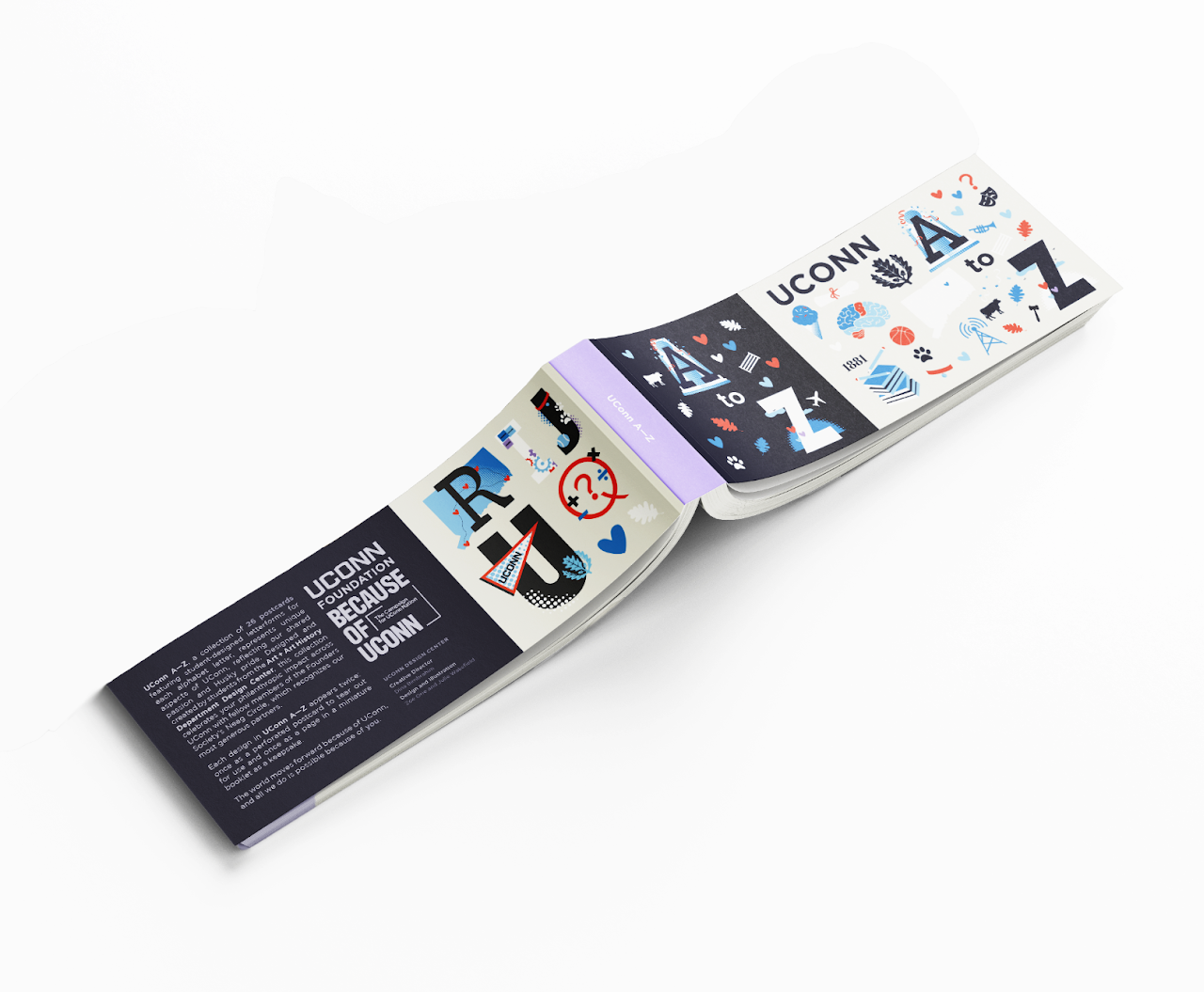 Mockup of the font and back covers of the postcard book. Showcases select letters on the front and information about the UConn Foundation on the back.